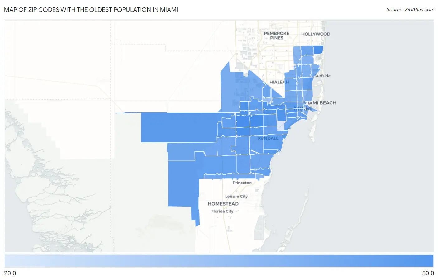 Zip Codes with the Oldest Population in Miami Map