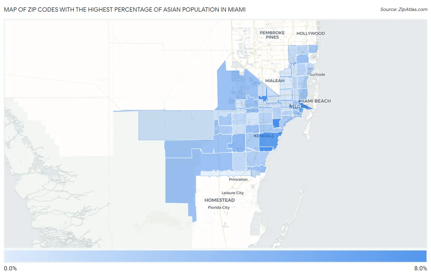 Zip Codes with the Highest Percentage of Asian Population in Miami Map
