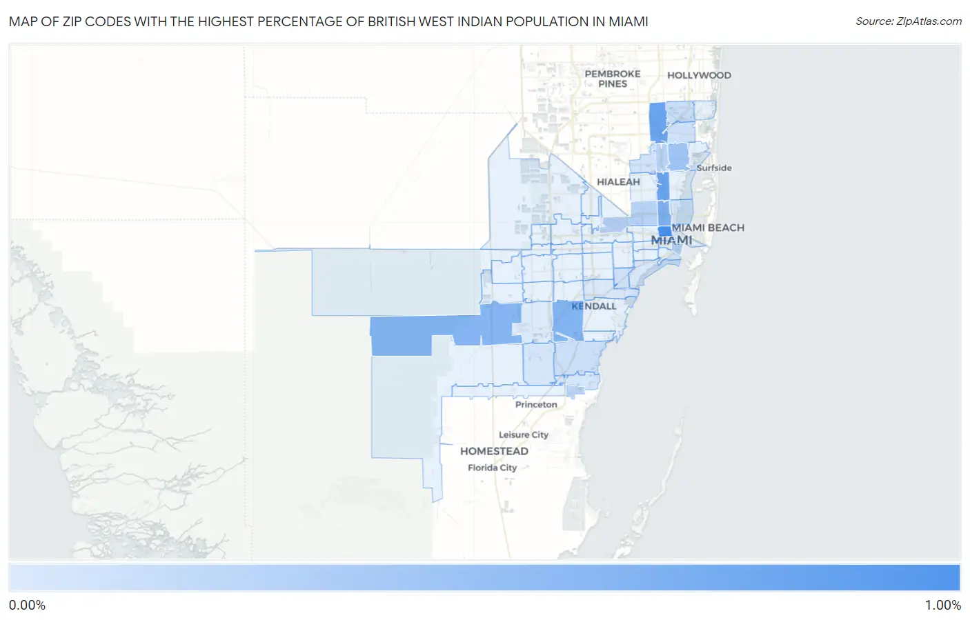 Zip Codes with the Highest Percentage of British West Indian Population in Miami Map