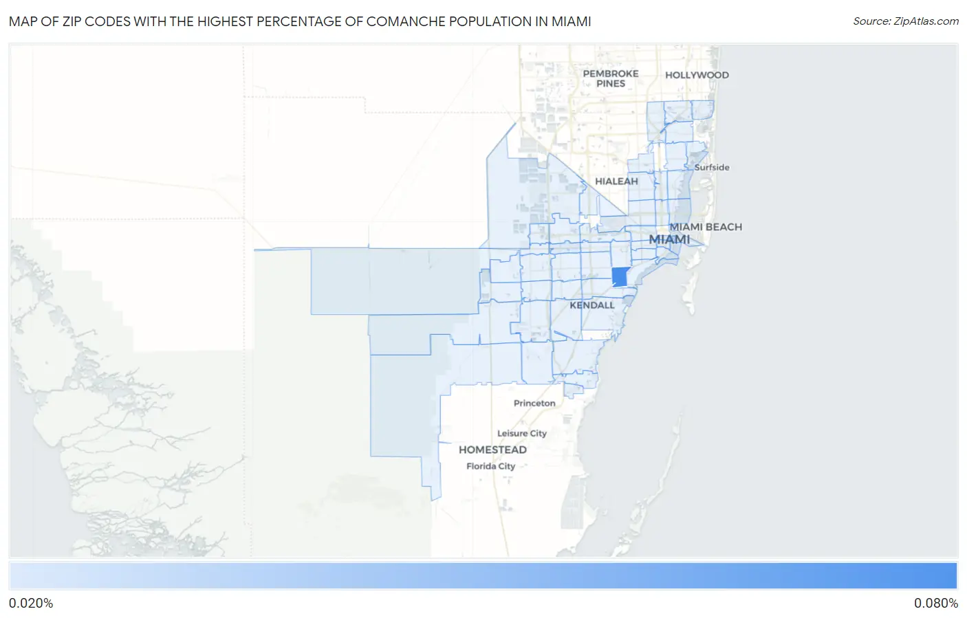 Zip Codes with the Highest Percentage of Comanche Population in Miami Map
