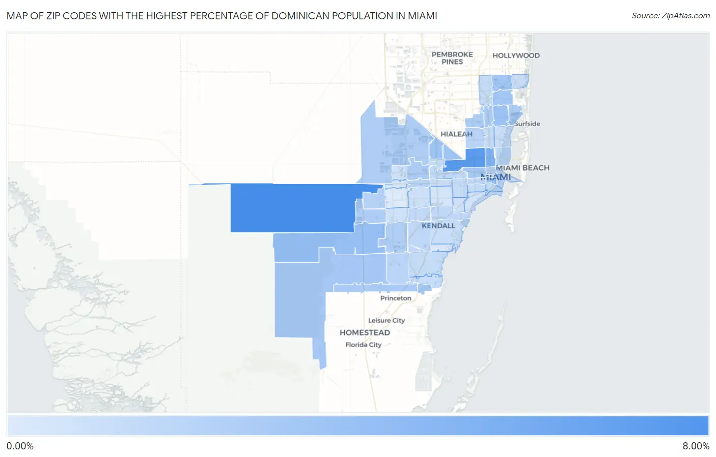 Zip Codes with the Highest Percentage of Dominican Population in Miami Map