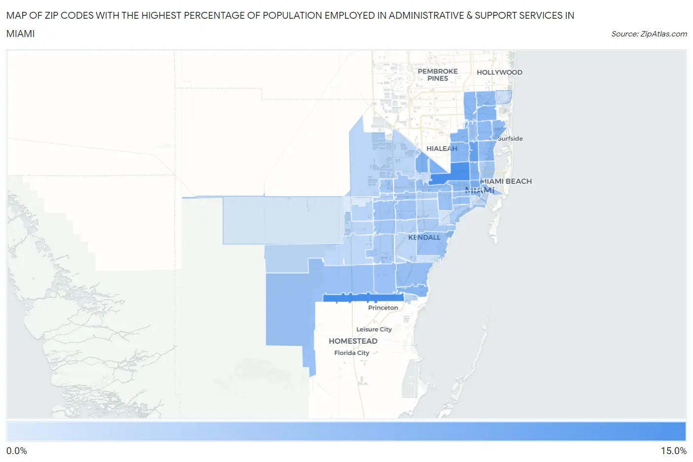 Zip Codes with the Highest Percentage of Population Employed in Administrative & Support Services in Miami Map