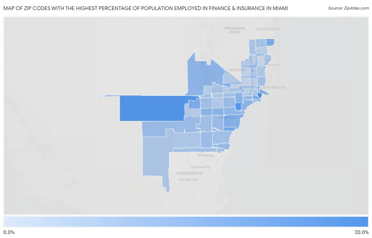 Zip Codes with the Highest Percentage of Population Employed in Finance & Insurance in Miami Map