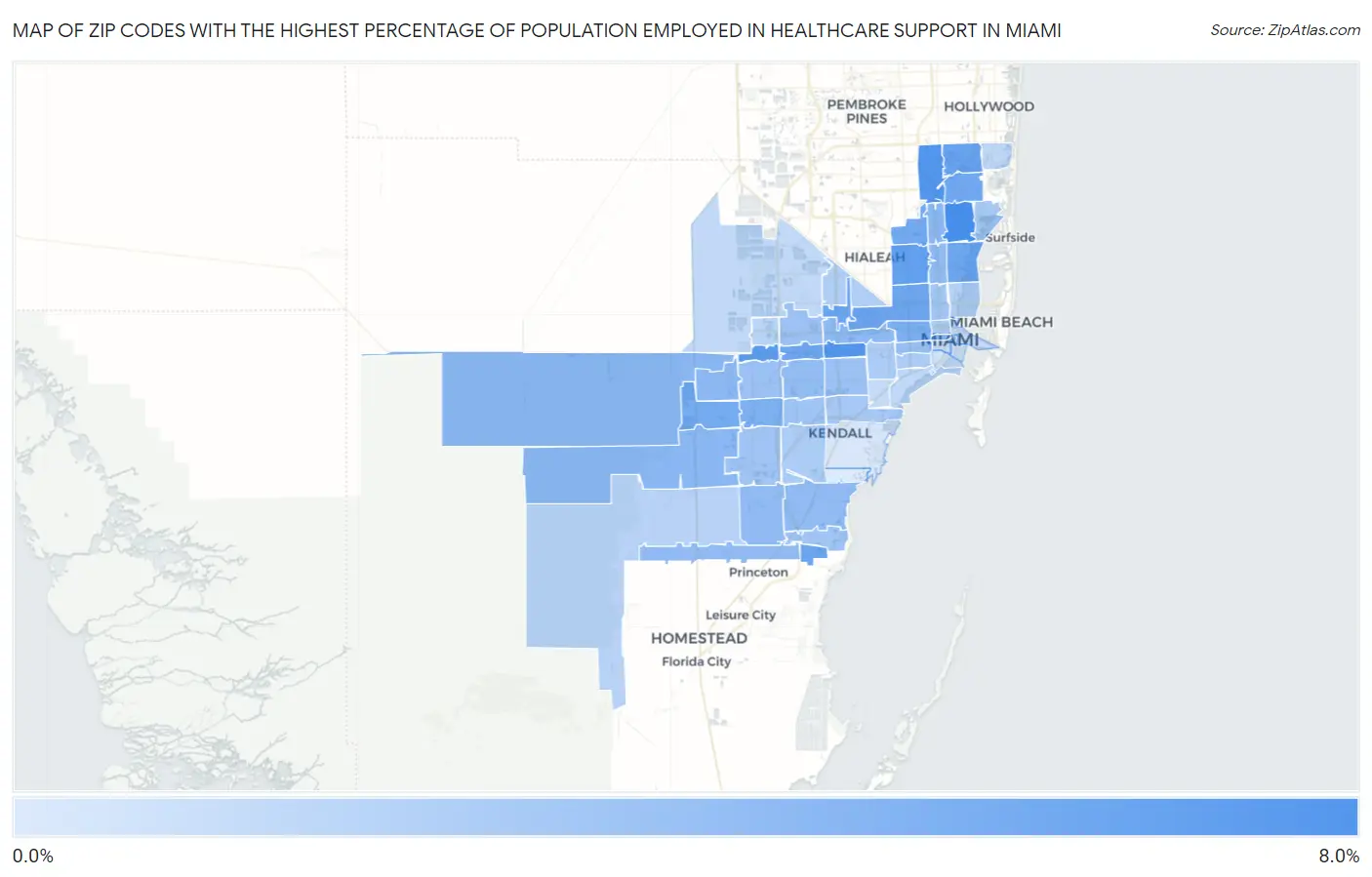 Zip Codes with the Highest Percentage of Population Employed in Healthcare Support in Miami Map