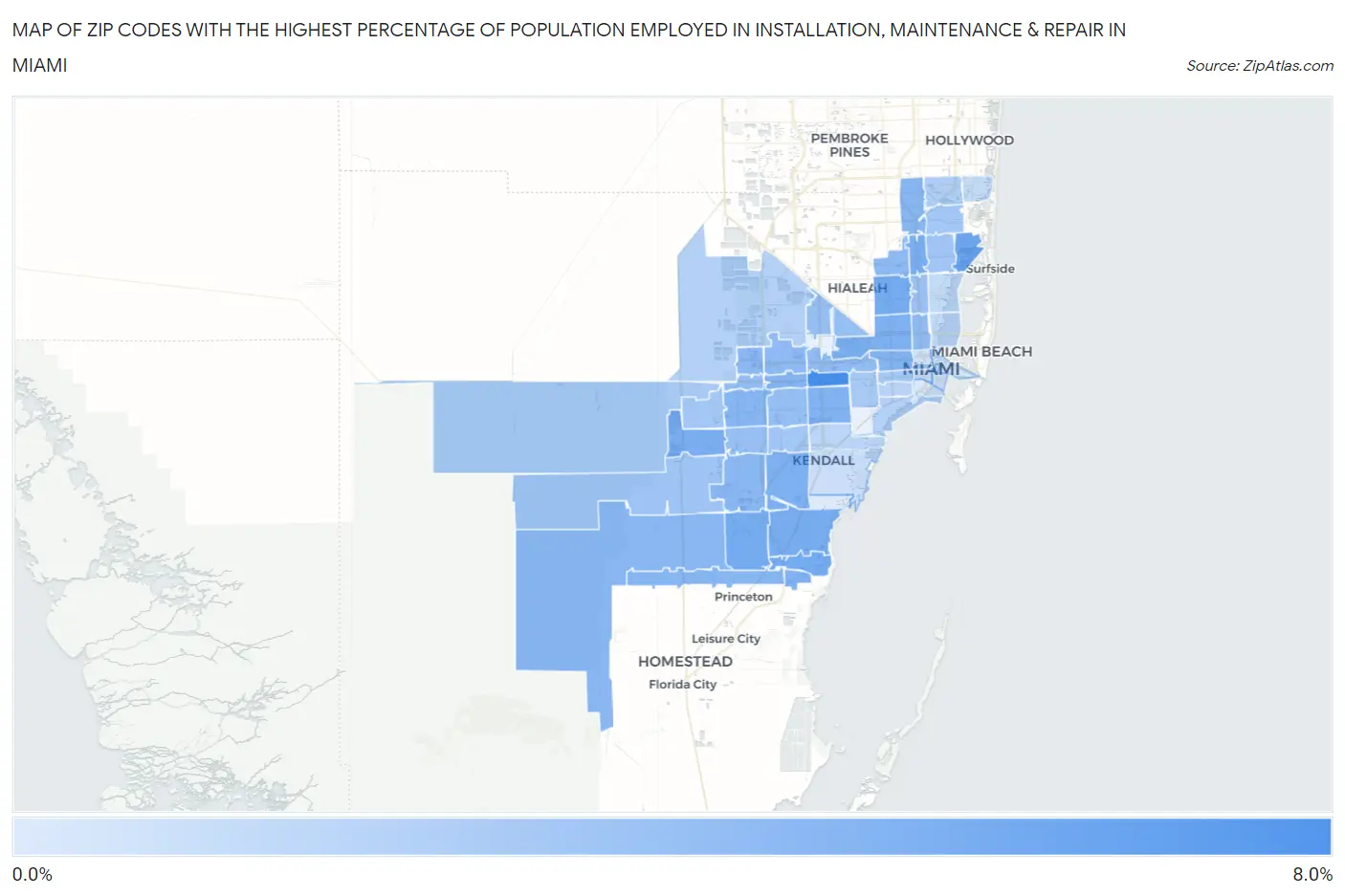 Zip Codes with the Highest Percentage of Population Employed in Installation, Maintenance & Repair in Miami Map