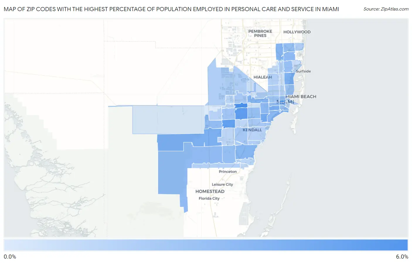 Zip Codes with the Highest Percentage of Population Employed in Personal Care and Service in Miami Map