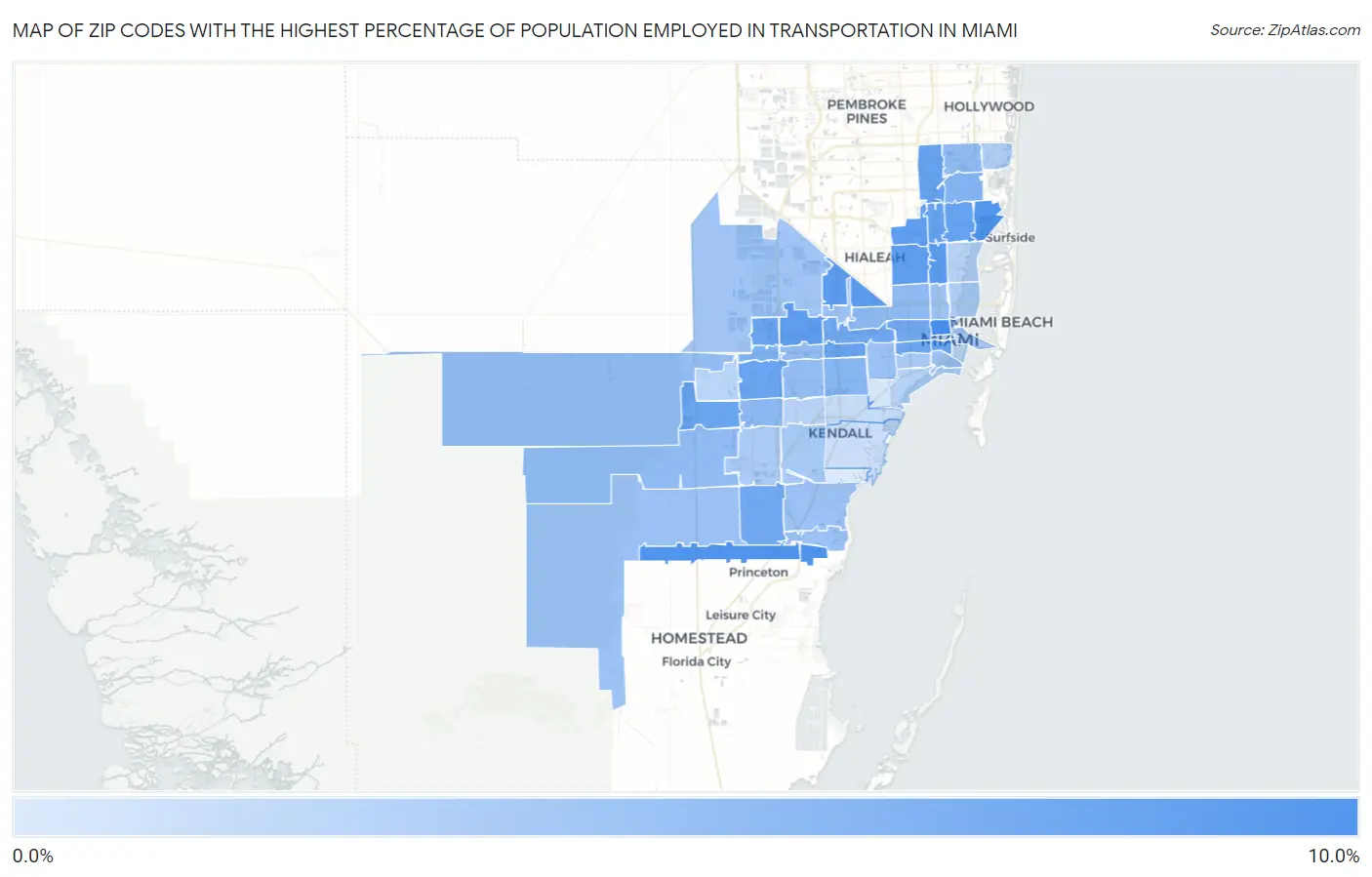 Zip Codes with the Highest Percentage of Population Employed in Transportation in Miami Map