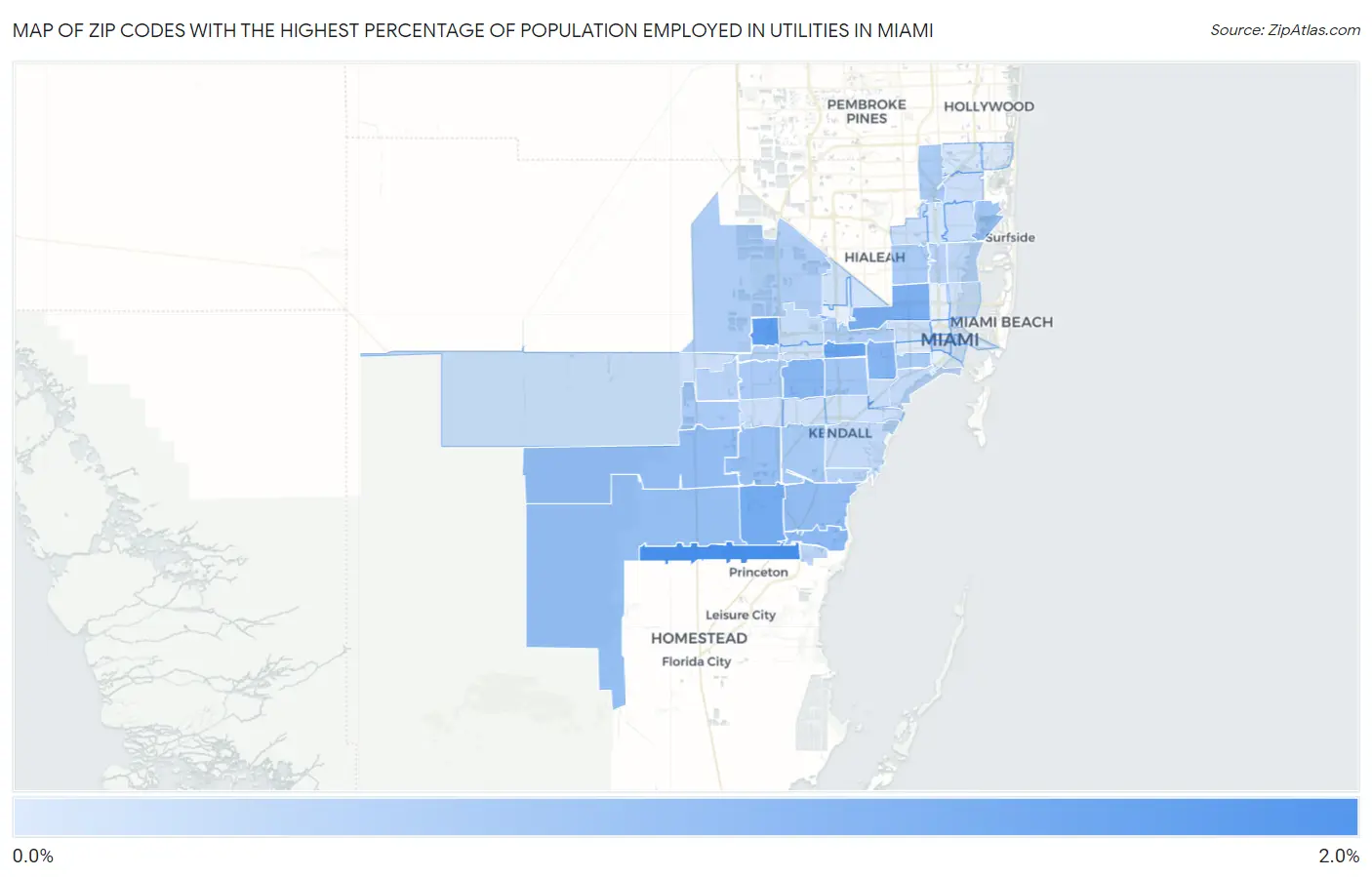 Zip Codes with the Highest Percentage of Population Employed in Utilities in Miami Map