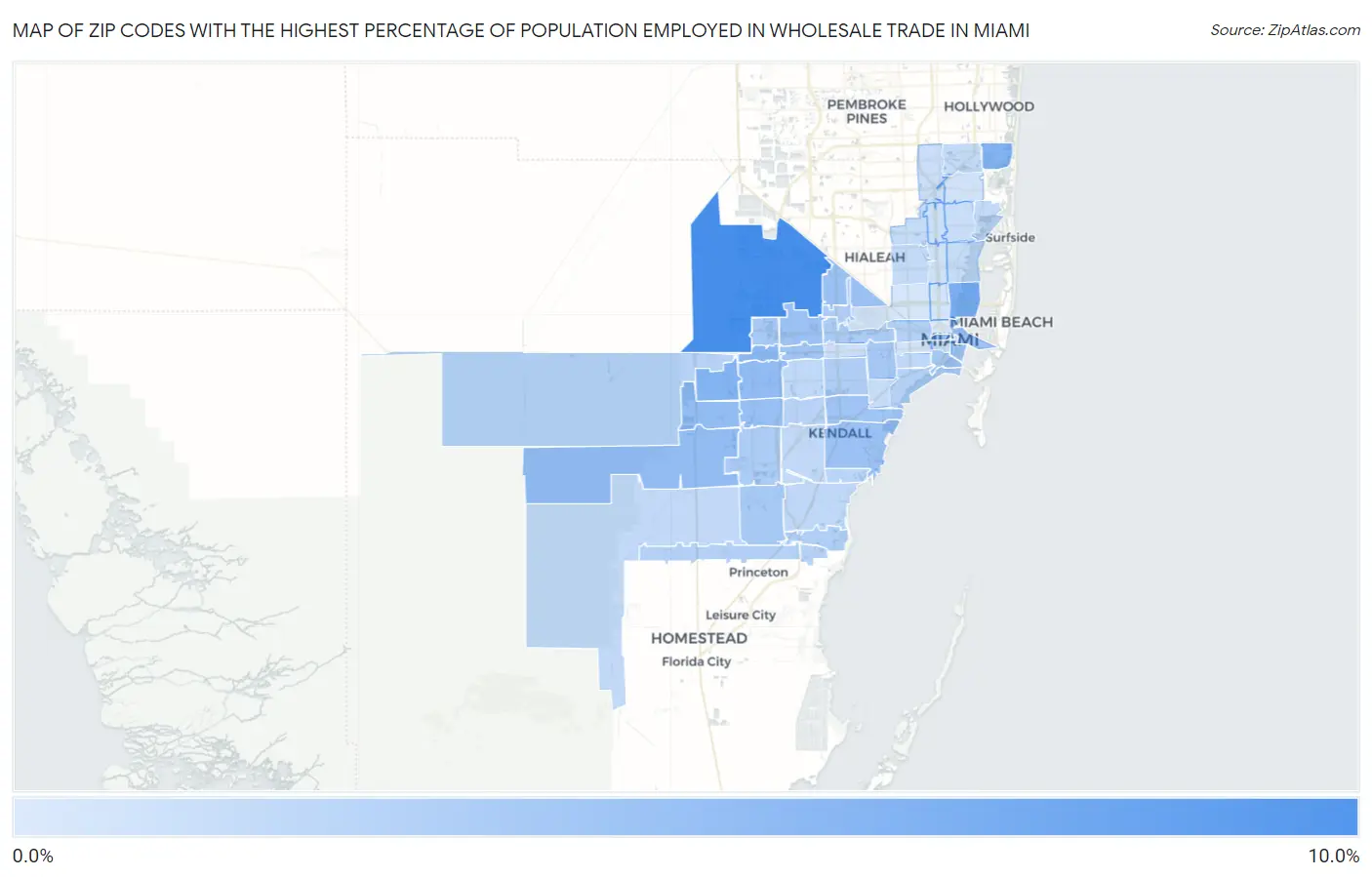 Zip Codes with the Highest Percentage of Population Employed in Wholesale Trade in Miami Map
