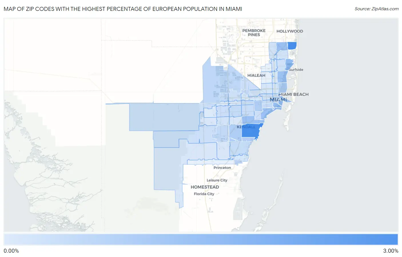Zip Codes with the Highest Percentage of European Population in Miami Map