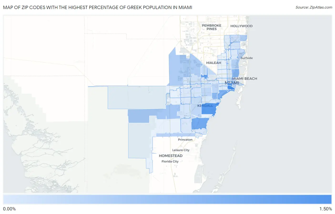 Zip Codes with the Highest Percentage of Greek Population in Miami Map