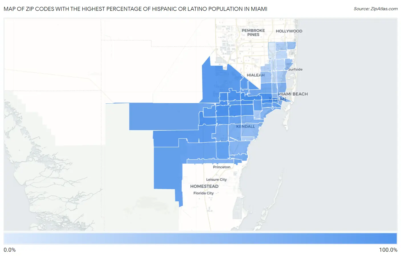 Zip Codes with the Highest Percentage of Hispanic or Latino Population in Miami Map