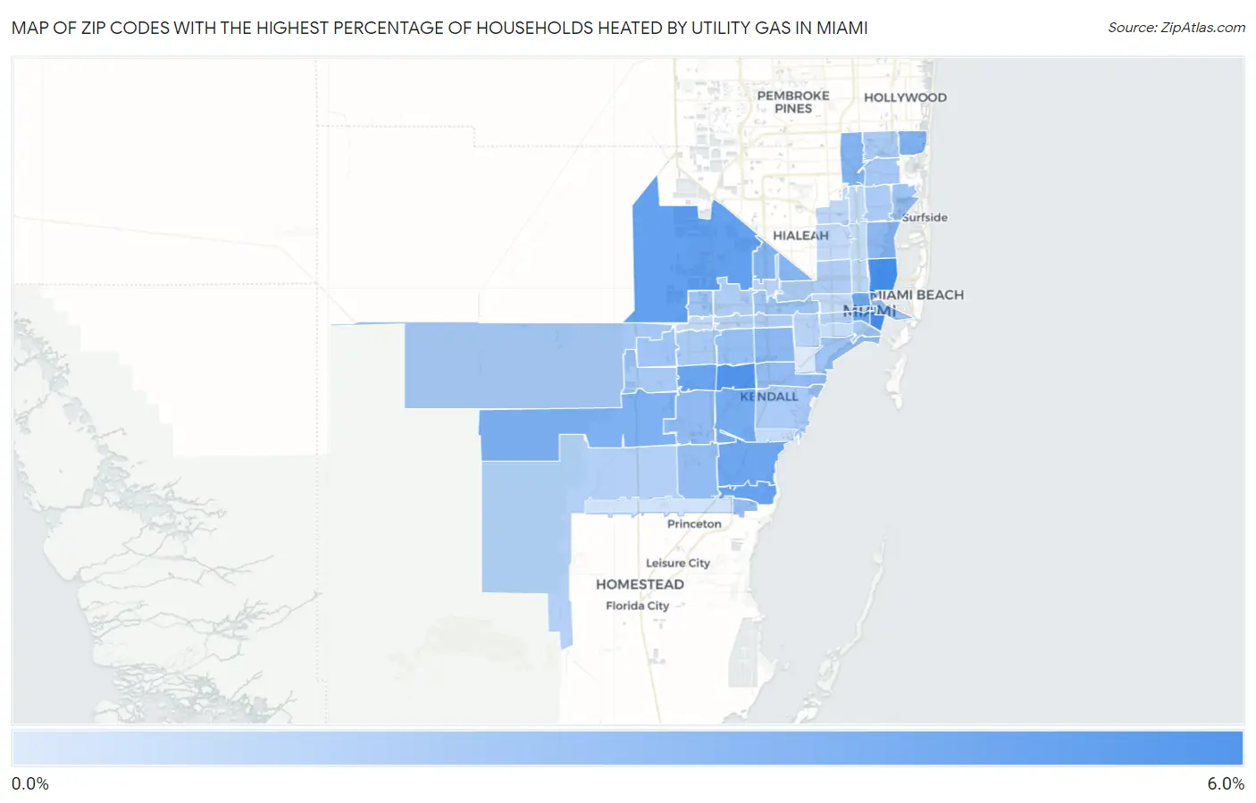 Zip Codes with the Highest Percentage of Households Heated by Utility Gas in Miami Map