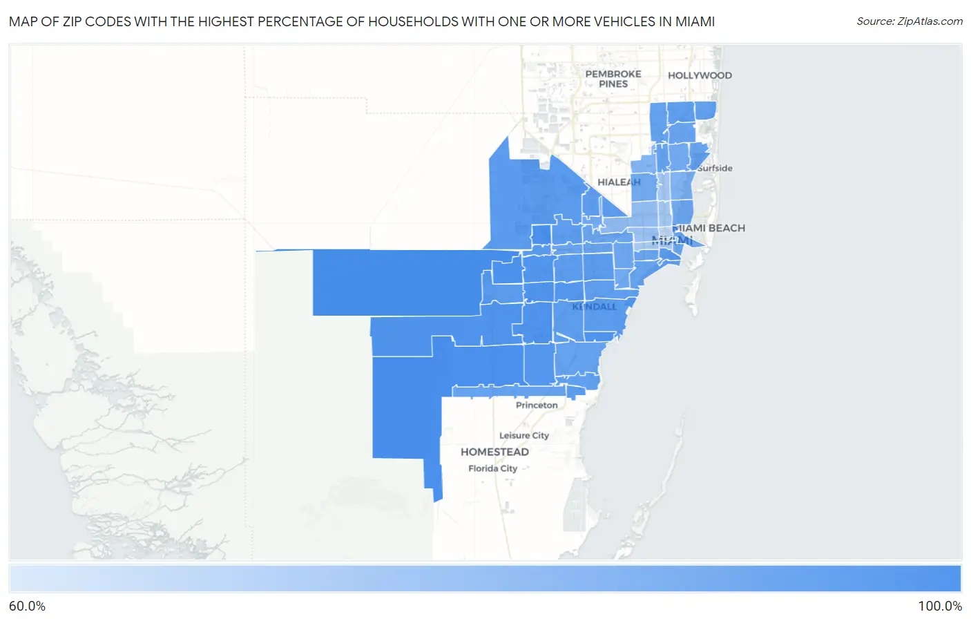 Zip Codes with the Highest Percentage of Households With One or more Vehicles in Miami Map