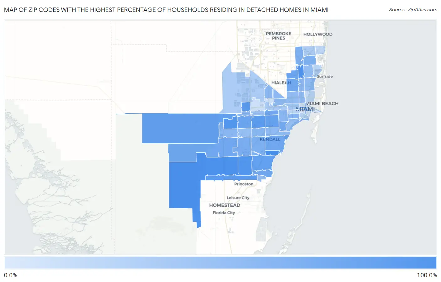 Zip Codes with the Highest Percentage of Households Residing in Detached Homes in Miami Map