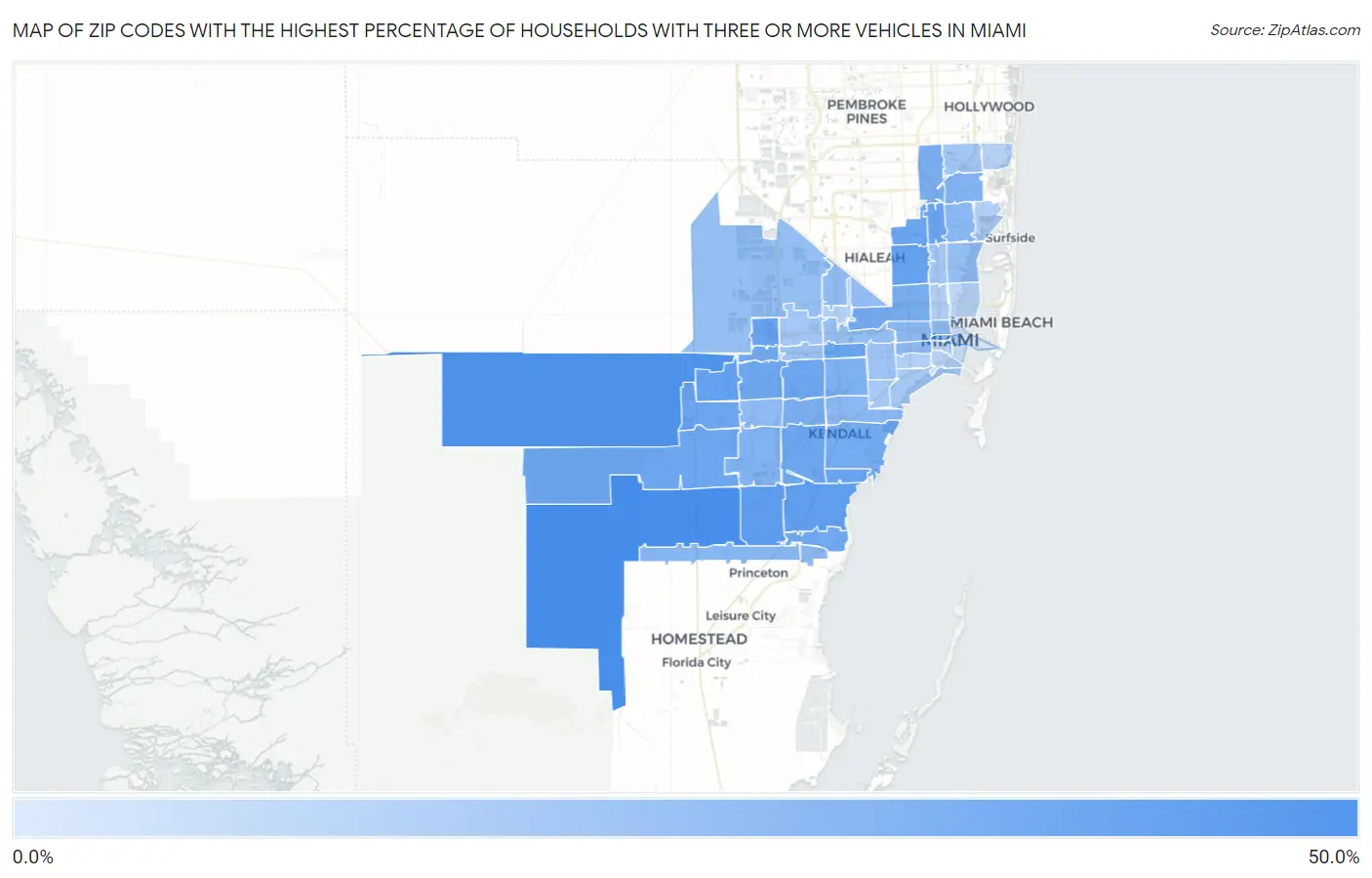 Zip Codes with the Highest Percentage of Households With Three or more Vehicles in Miami Map