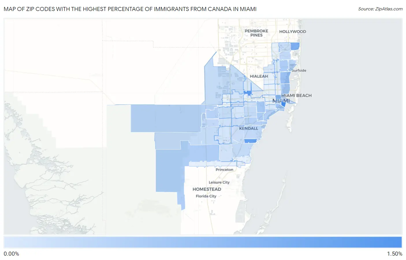 Zip Codes with the Highest Percentage of Immigrants from Canada in Miami Map