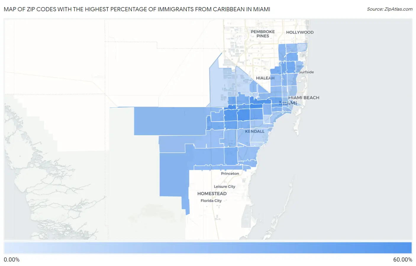 Zip Codes with the Highest Percentage of Immigrants from Caribbean in Miami Map