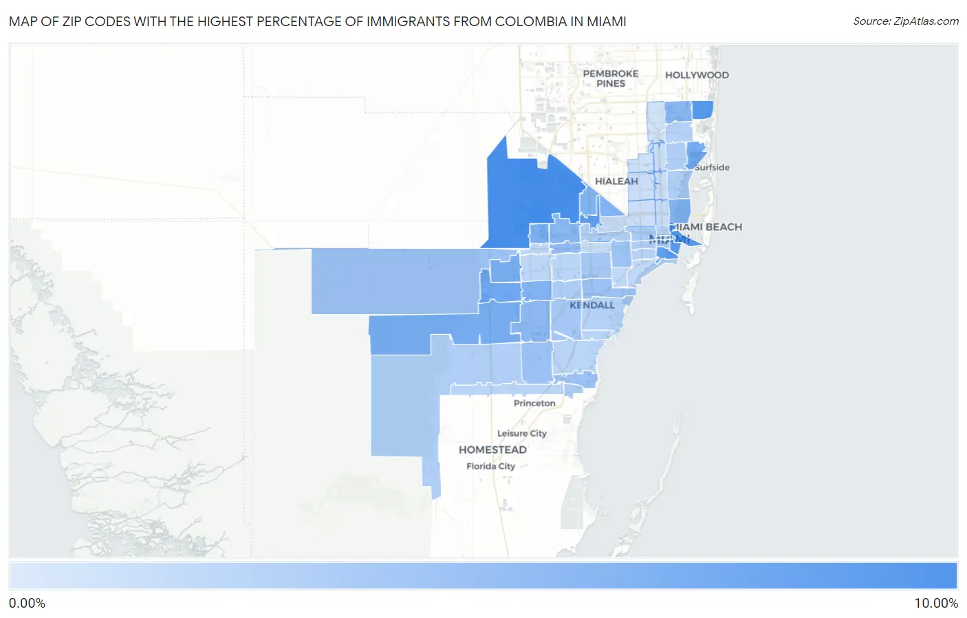 Zip Codes with the Highest Percentage of Immigrants from Colombia in Miami Map