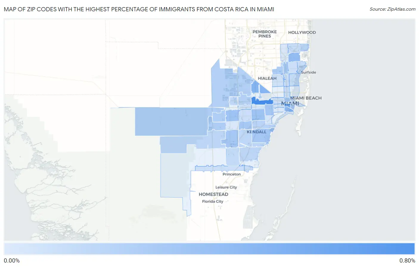 Zip Codes with the Highest Percentage of Immigrants from Costa Rica in Miami Map