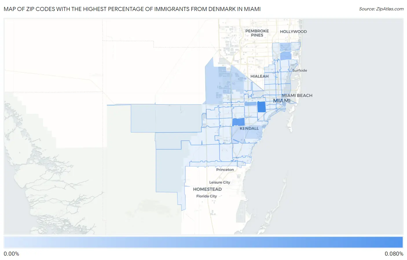 Zip Codes with the Highest Percentage of Immigrants from Denmark in Miami Map