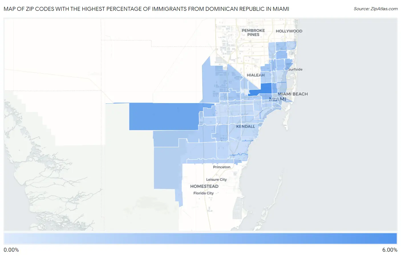Zip Codes with the Highest Percentage of Immigrants from Dominican Republic in Miami Map