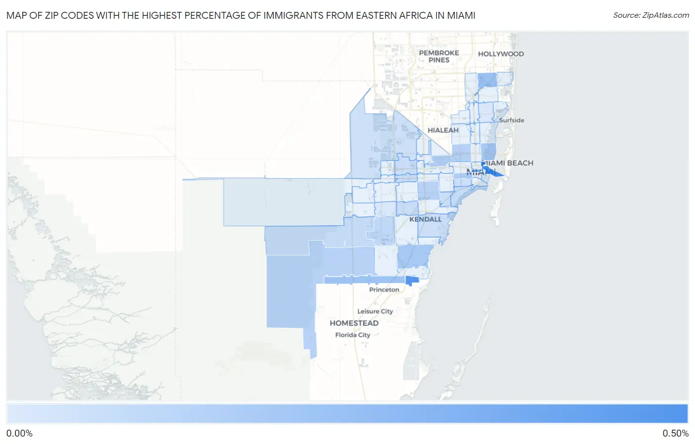 Zip Codes with the Highest Percentage of Immigrants from Eastern Africa in Miami Map