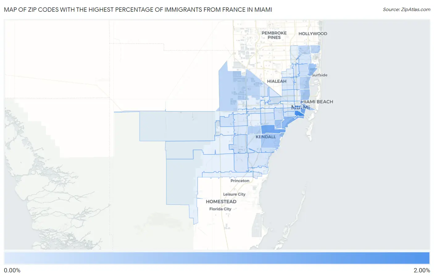 Zip Codes with the Highest Percentage of Immigrants from France in Miami Map
