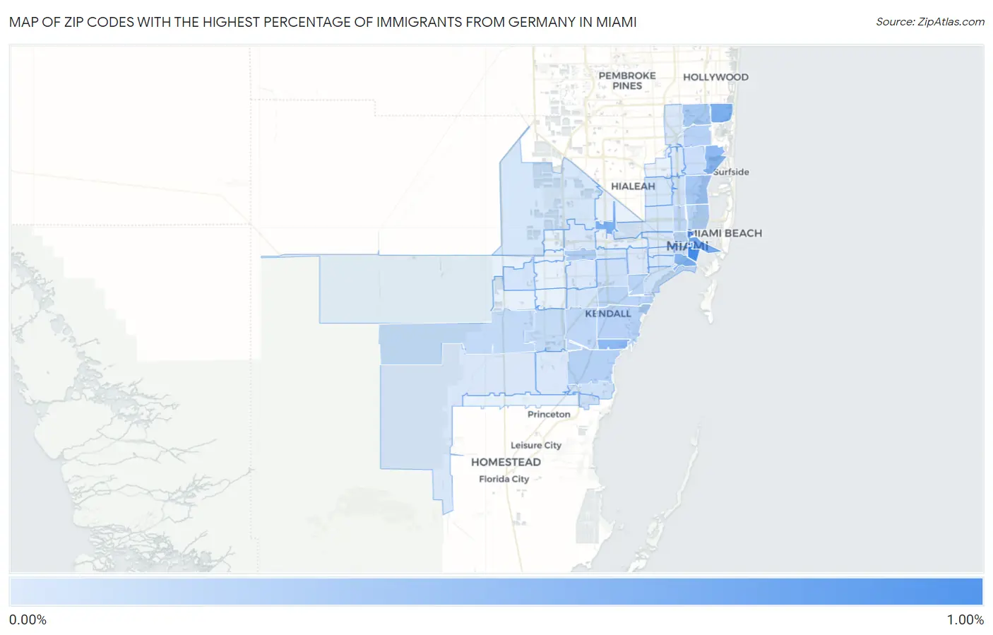 Zip Codes with the Highest Percentage of Immigrants from Germany in Miami Map