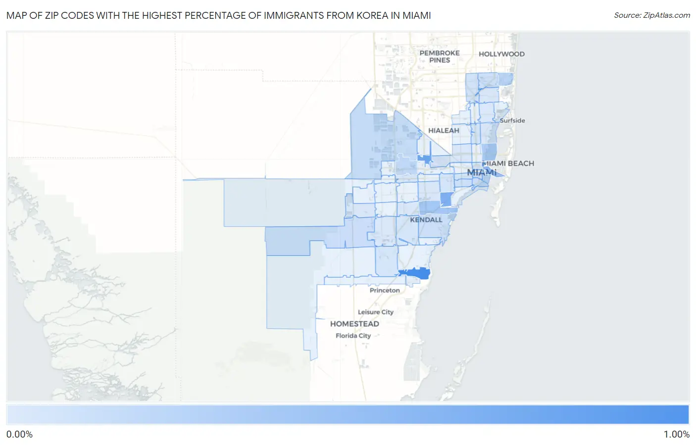 Zip Codes with the Highest Percentage of Immigrants from Korea in Miami Map