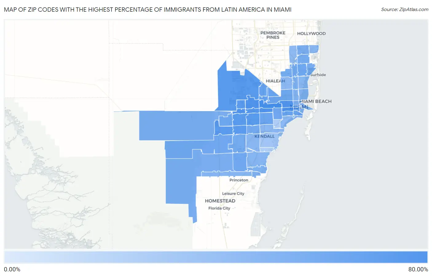 Zip Codes with the Highest Percentage of Immigrants from Latin America in Miami Map