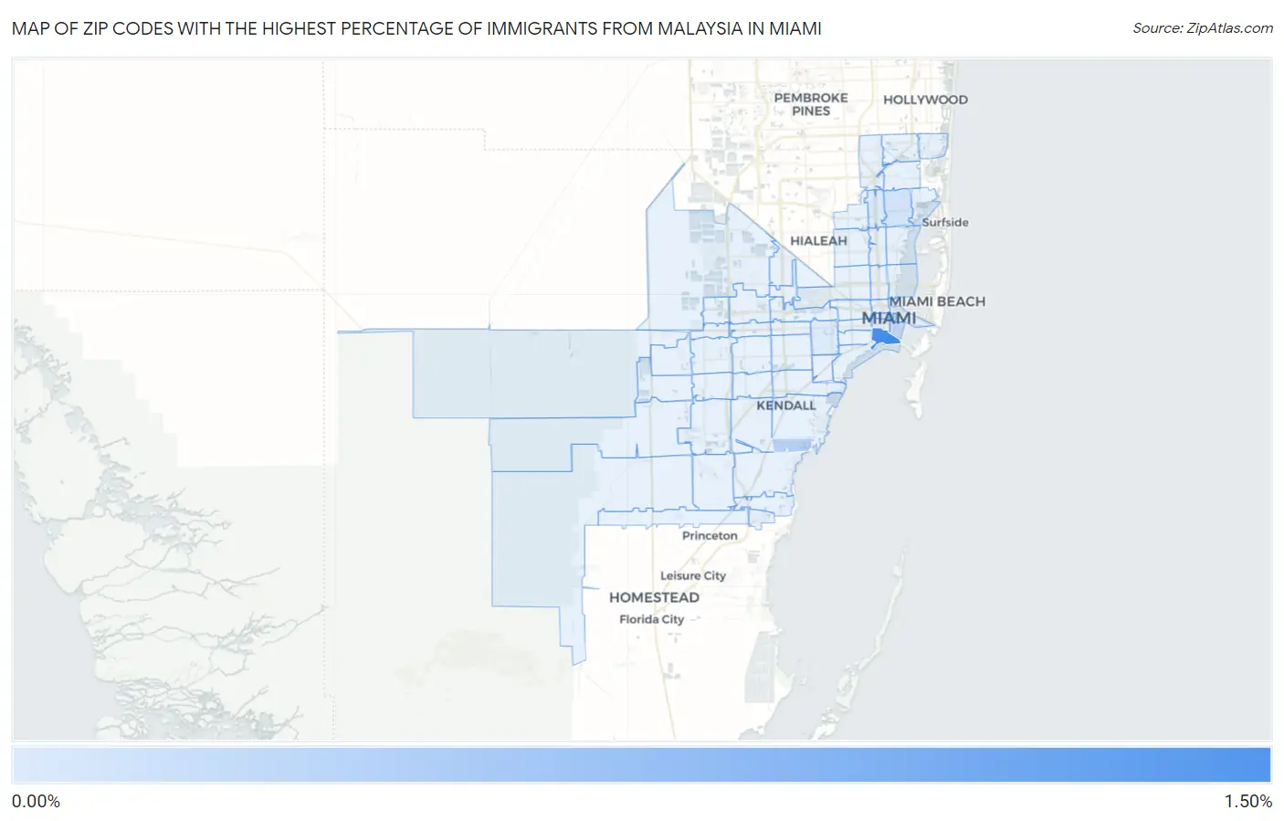 Zip Codes with the Highest Percentage of Immigrants from Malaysia in Miami Map