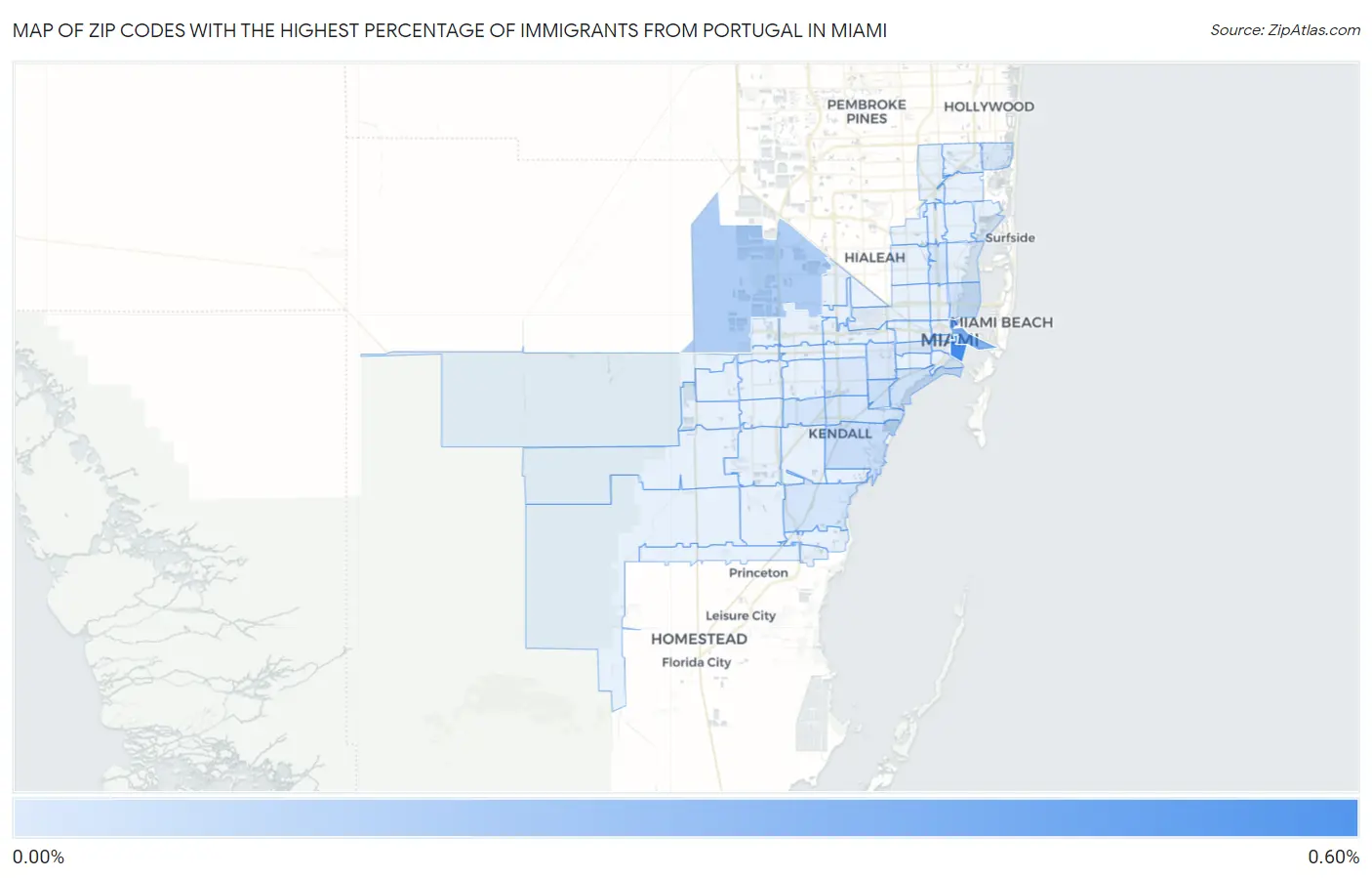 Zip Codes with the Highest Percentage of Immigrants from Portugal in Miami Map