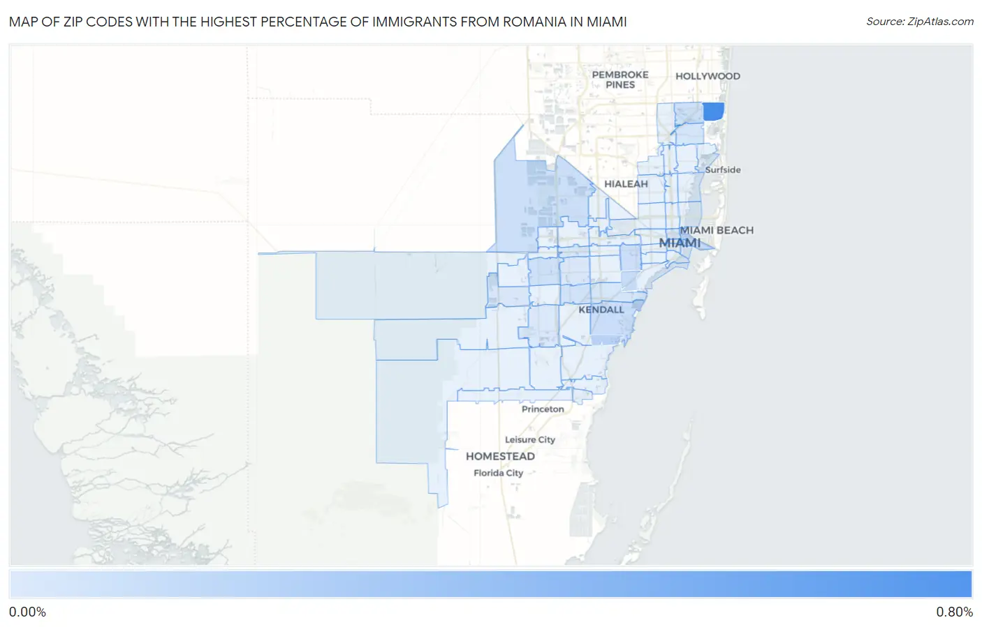 Zip Codes with the Highest Percentage of Immigrants from Romania in Miami Map