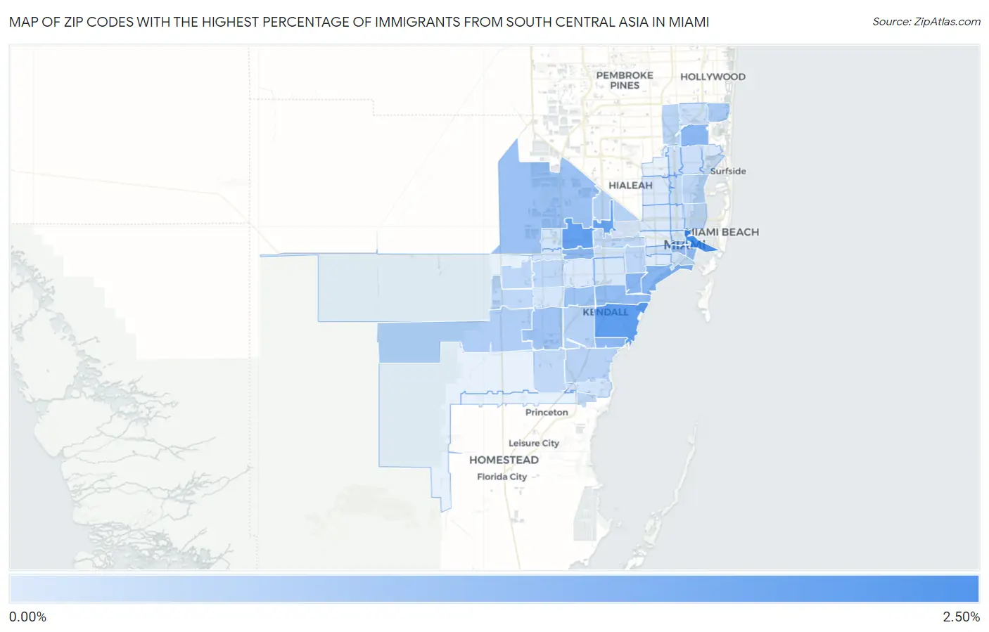 Zip Codes with the Highest Percentage of Immigrants from South Central Asia in Miami Map