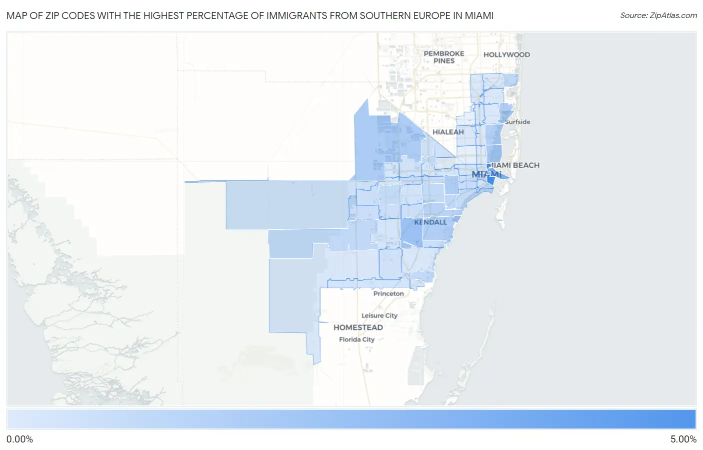Zip Codes with the Highest Percentage of Immigrants from Southern Europe in Miami Map