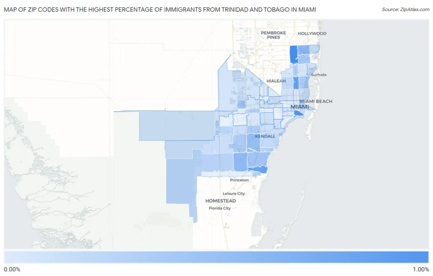 Zip Codes with the Highest Percentage of Immigrants from Trinidad and Tobago in Miami Map
