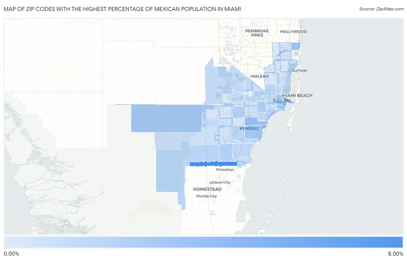 Zip Codes with the Highest Percentage of Mexican Population in Miami Map