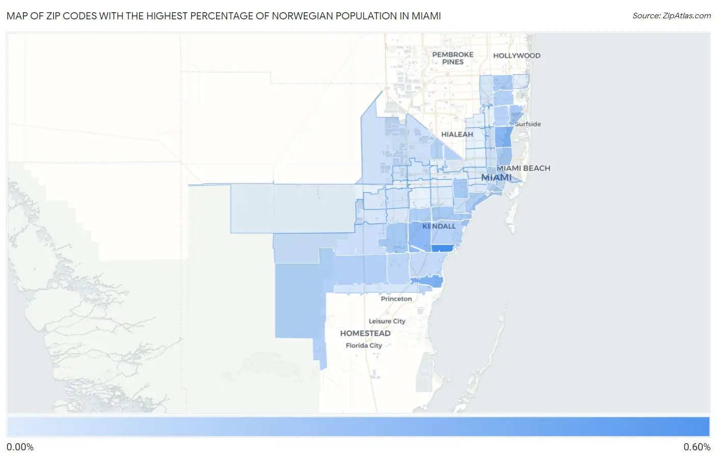Zip Codes with the Highest Percentage of Norwegian Population in Miami Map
