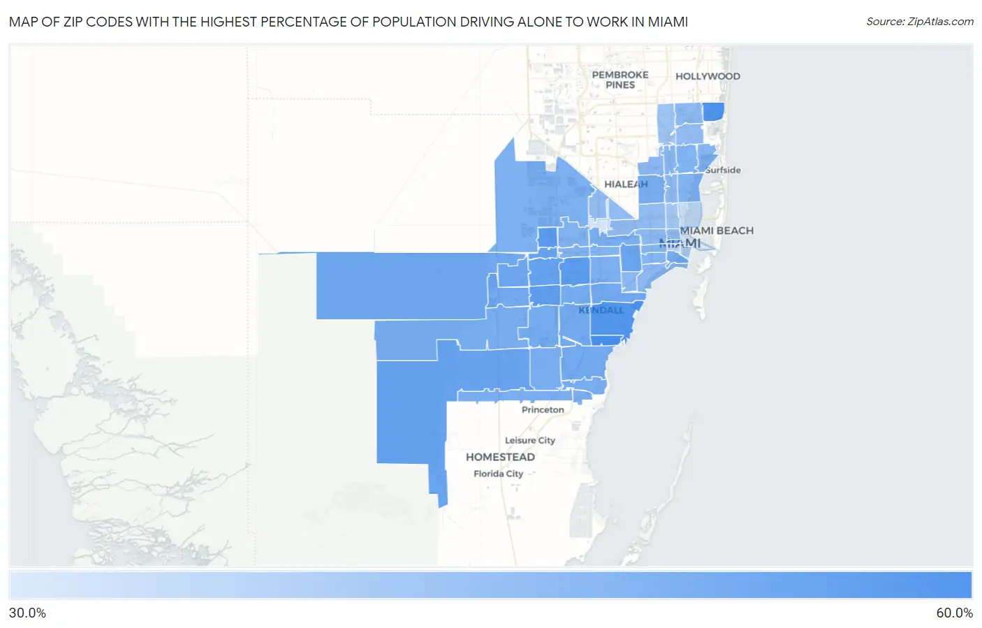 Zip Codes with the Highest Percentage of Population Driving Alone to Work in Miami Map