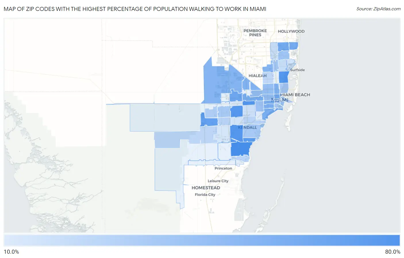Zip Codes with the Highest Percentage of Population Walking to Work in Miami Map