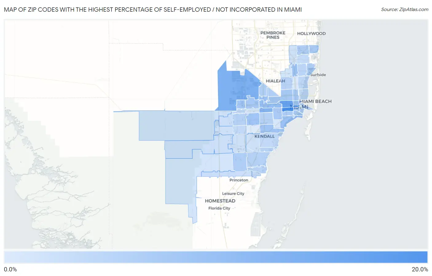 Zip Codes with the Highest Percentage of Self-Employed / Not Incorporated in Miami Map