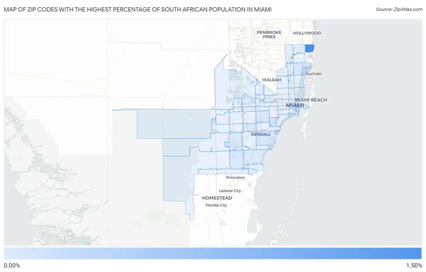 Zip Codes with the Highest Percentage of South African Population in Miami Map