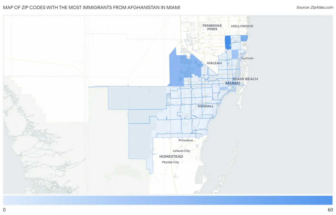 Zip Codes with the Most Immigrants from Afghanistan in Miami Map