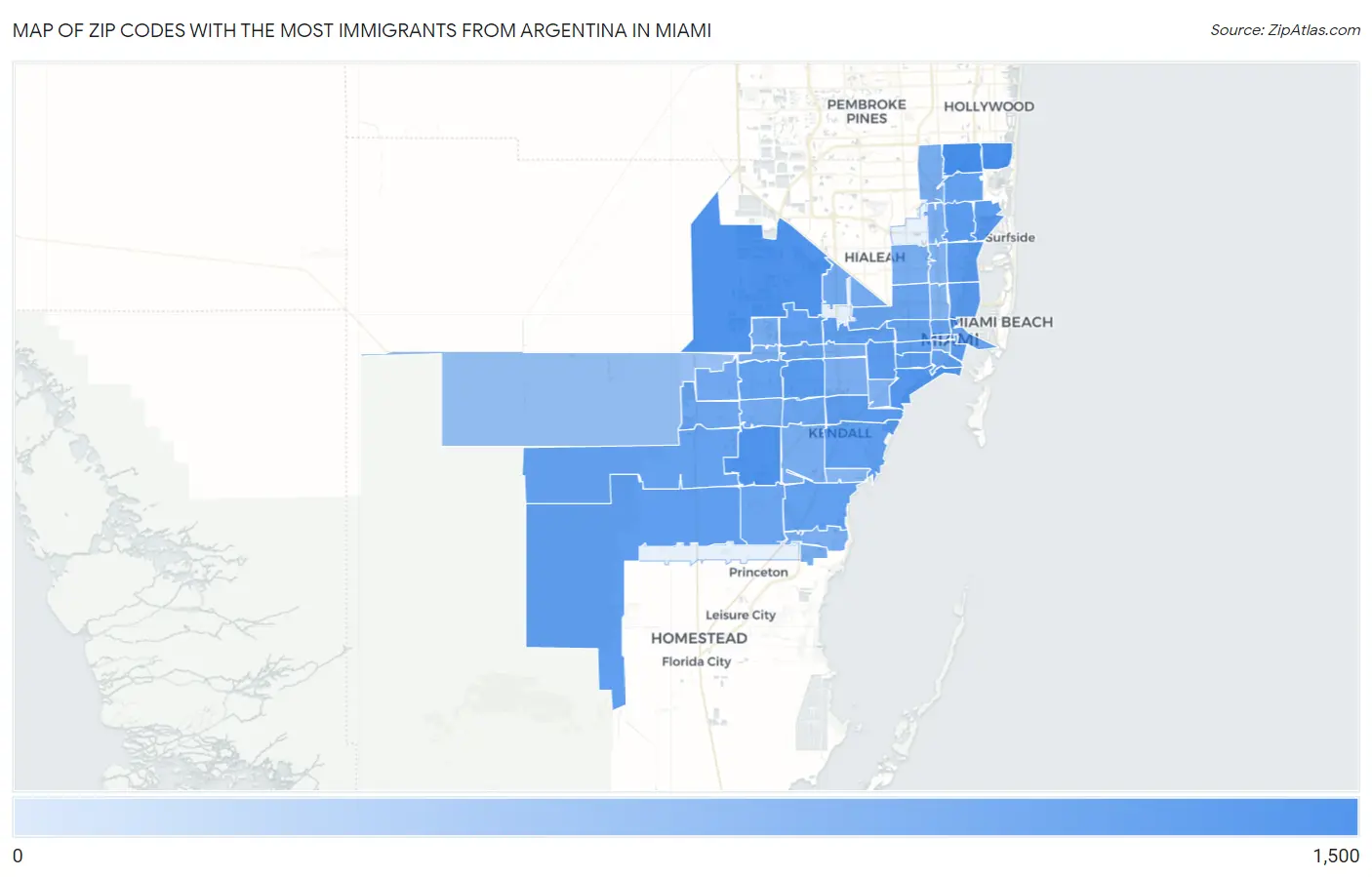 Zip Codes with the Most Immigrants from Argentina in Miami Map