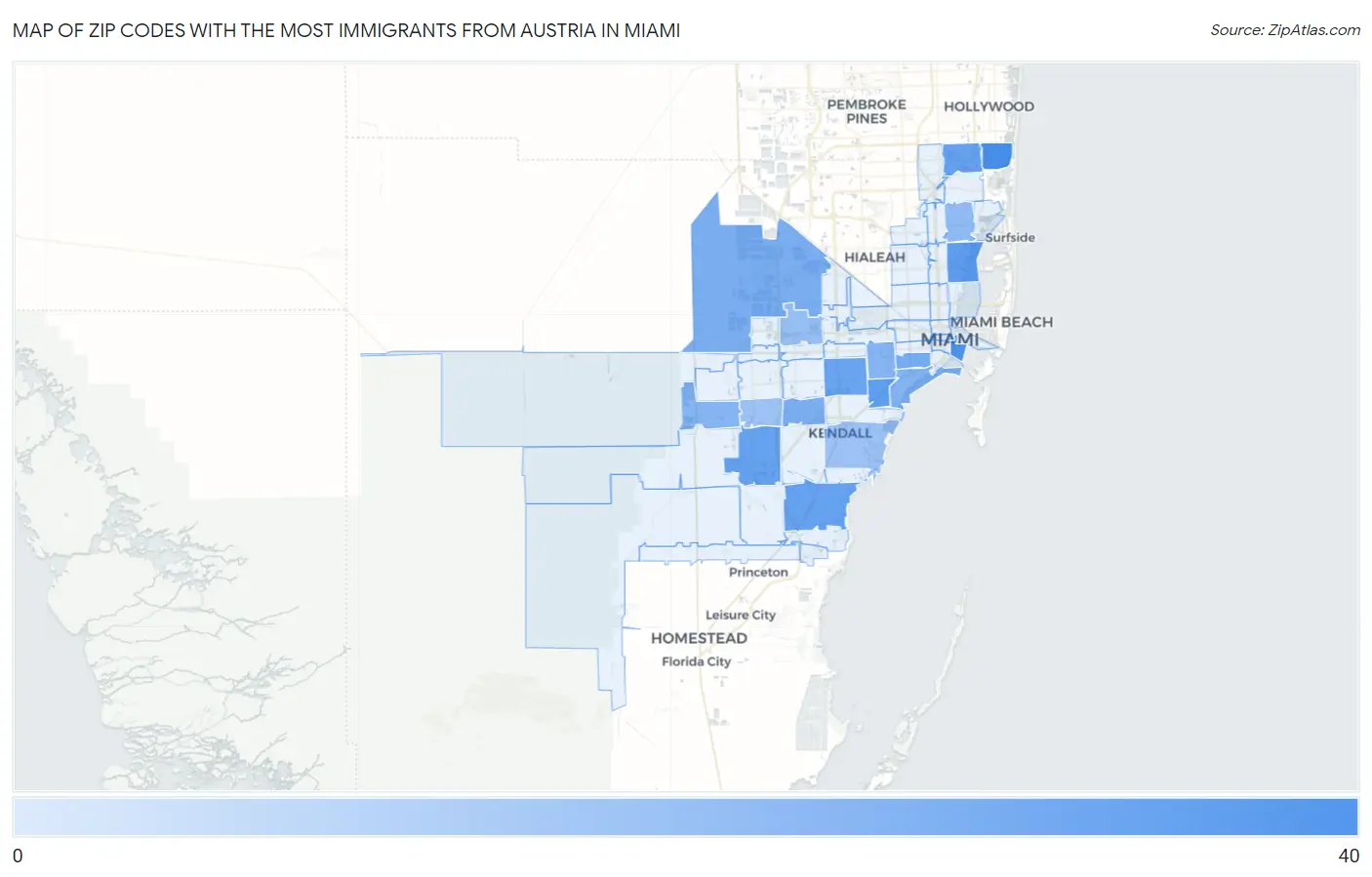 Zip Codes with the Most Immigrants from Austria in Miami Map
