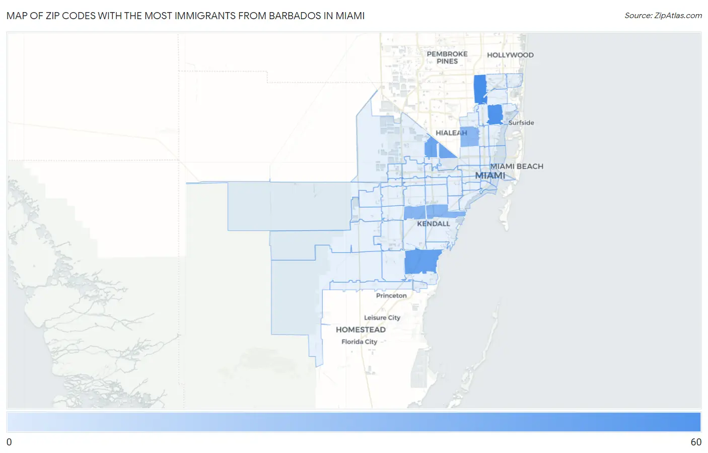 Zip Codes with the Most Immigrants from Barbados in Miami Map