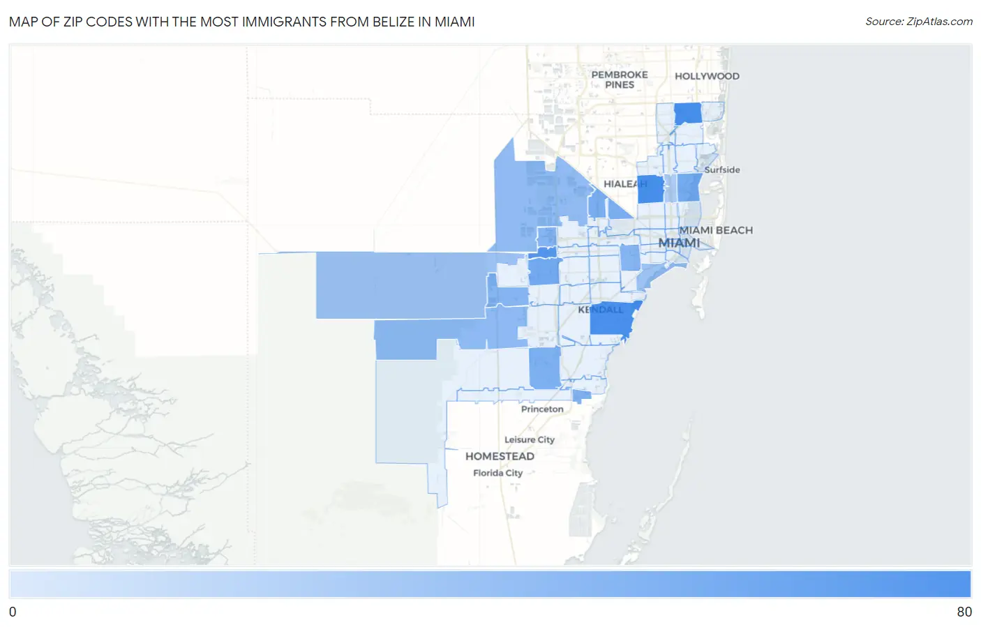 Zip Codes with the Most Immigrants from Belize in Miami Map