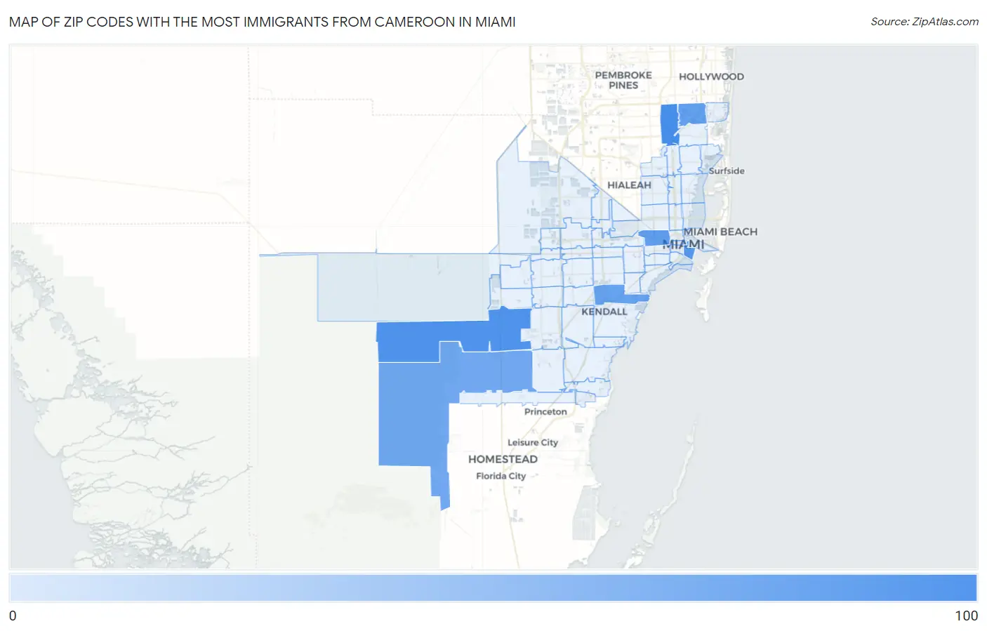 Zip Codes with the Most Immigrants from Cameroon in Miami Map