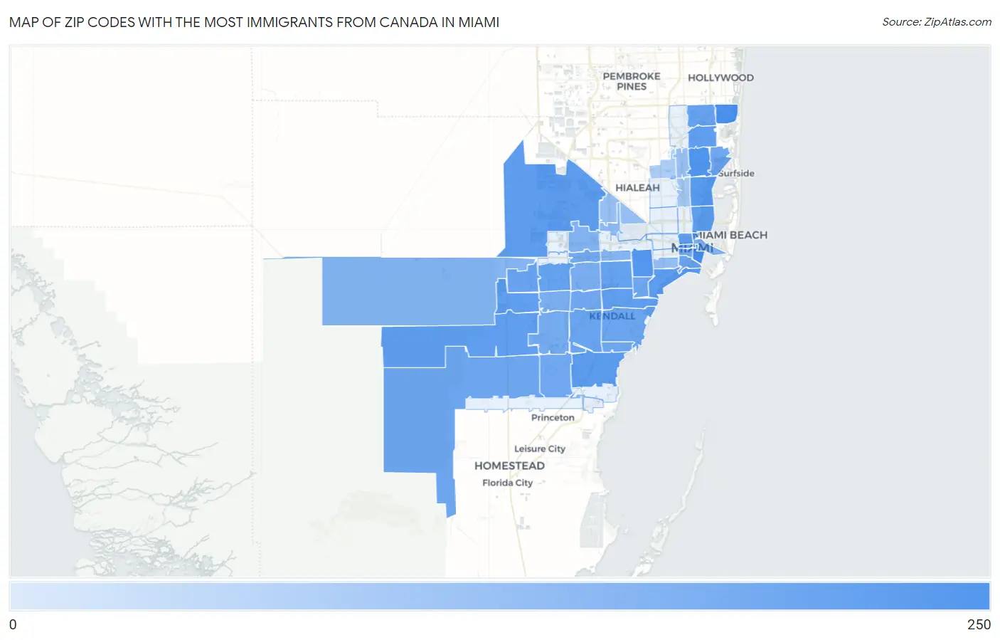 Zip Codes with the Most Immigrants from Canada in Miami Map